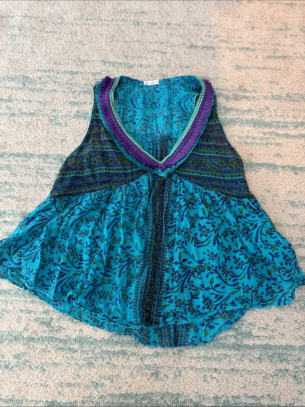 Boho V-Neck Floral Tank Top - Teal & Purple